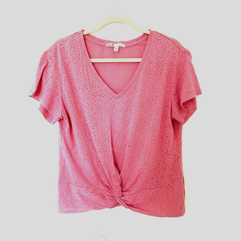 Seven7 Pink Knotted Cotton Blend V Neck Short Sleeve Tee Shirt L